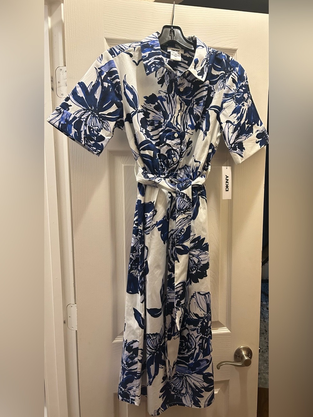 DKNY White Midi Dress with Blue Floral Print and Tie Belt - Picture 2 of 7